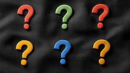 Colorful question marks on a black fabric background representing curiosity and inquiry in a creative design concept.