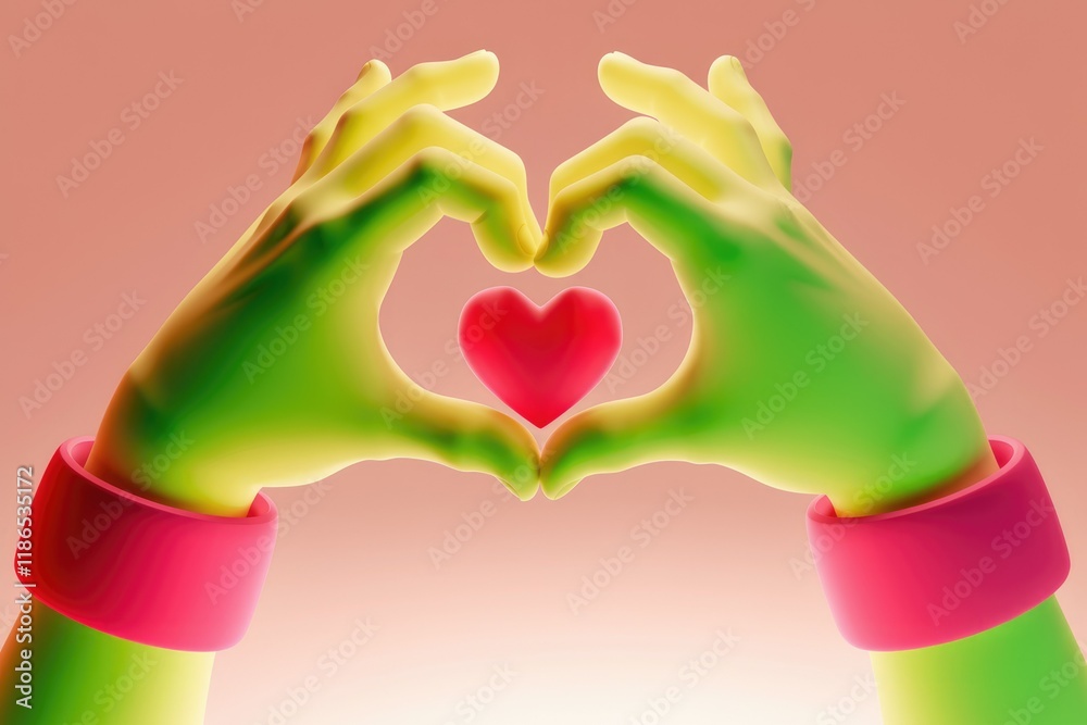 Poster two hands forming a heart shape, encompassing a smaller red heart at the center.