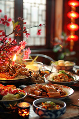 Naklejka premium Chinese New Year, serene family dinner setting, traditional dishes on the table, warm lighting, harmonious atmosphere