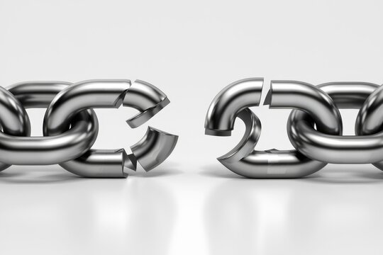 A broken metallic chain symbolizing vulnerability, weakness, and the disruption of a system.