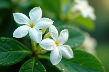 Naklejka premium Dampened white jasmine flowers reveal their intricate details, fine, bloom, nature