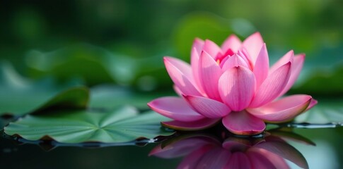 Fototapeta premium Delicate pink lotus flower on a serene pond surface, botanical, serene pond