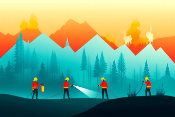 A team of firefighters battling wildfires in a stylized, colorful landscape featuring mountains and trees.