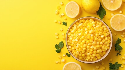 Organic sweet corn salad with lemon and spices garnished with fresh coriander on a vibrant yellow background ideal for healthy snack options