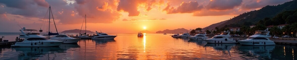 Naklejka premium Sunset over a bustling harbor with several lanchas anchored in the marina, lancha, peaceful, calm