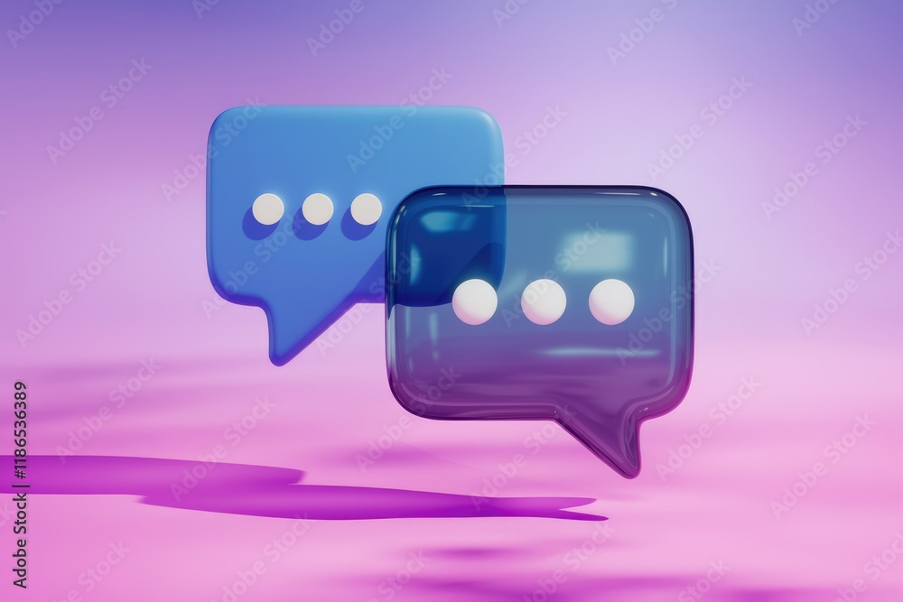 Poster Two 3D glossy speech bubbles with ellipsis, symbolizing communication and messaging.