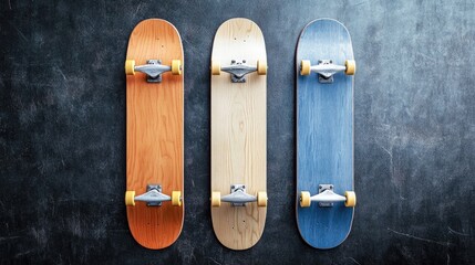 Colored skateboard decks isolated on a textured background showcasing vibrant designs and wheels for sports or lifestyle concepts.