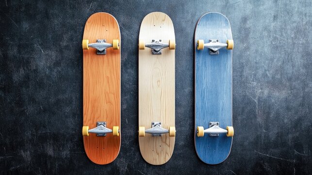 Colored skateboard decks isolated on a textured background showcasing vibrant designs and wheels for sports or lifestyle concepts.