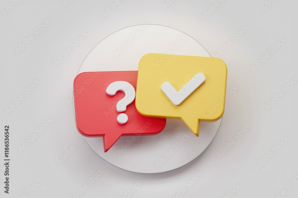 Aufkleber 3D render of question mark and check mark in speech bubbles; representing queries and answers.