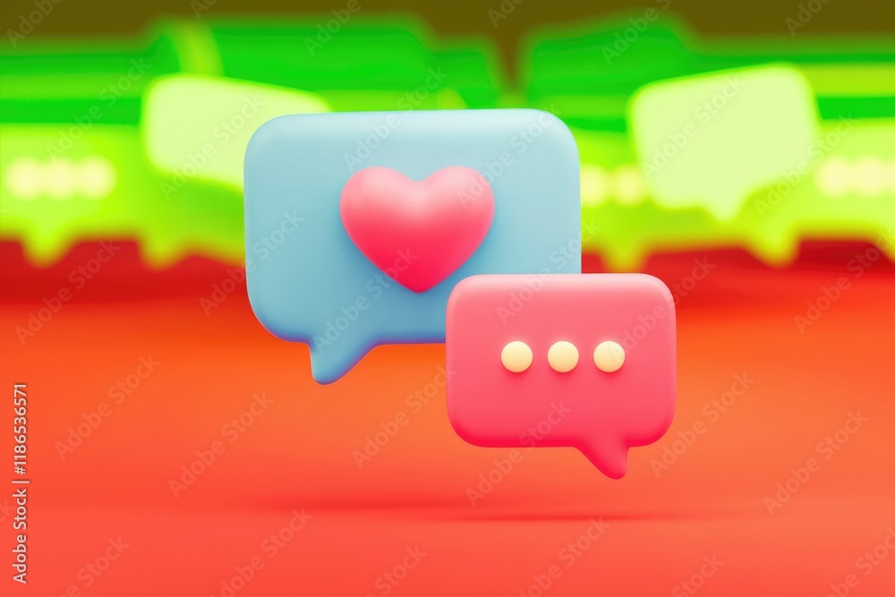Poster 3d rendered image of two speech bubbles; one with a heart, symbolizing love and online communication