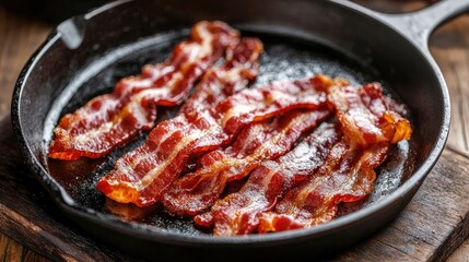 Sizzling crispy bacon strips in a seasoned cast iron skillet on a rustic wooden surface