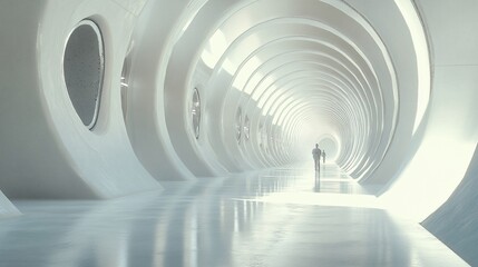 Obraz premium Futuristic white tunnel with person walking towards light.