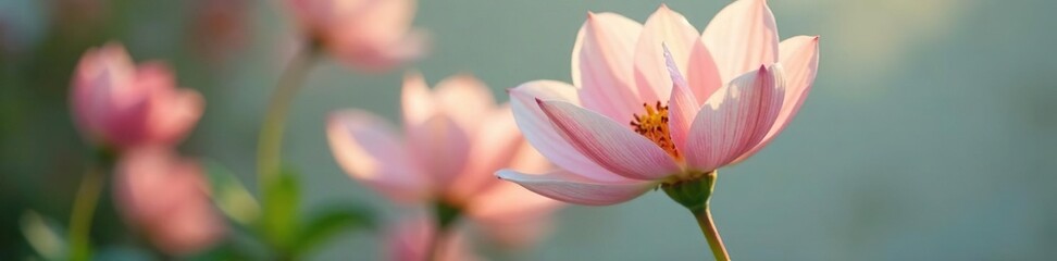 Fototapeta premium Delicate pinkish-white petals unfolding on a slender stem, gentle, tender