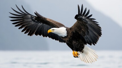 Obraz premium Majestic Steller's sea eagle soaring gracefully over a tranquil coastal landscape showcasing its striking plumage and powerful wingspan