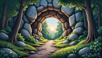 Fototapeta premium Mysterious cave entrance framed by lush forest at dawn, nature's wonder