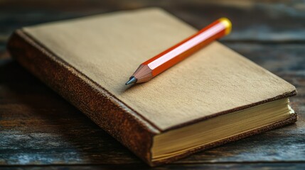 Leather bound sketchbook with a sharpened pencil on rustic wooden surface for creativity and artistic inspiration