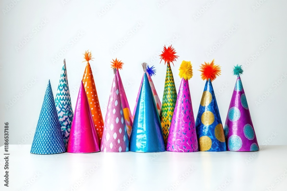 Fototapete a collection of birthday hats with different bright colors and patterns arranged neatly on a white s