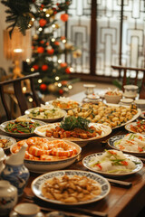 Fototapeta premium Chinese New Year snake calligraphy, serene family dinner setting, traditional dishes on the table, warm lighting, harmonious atmosphere