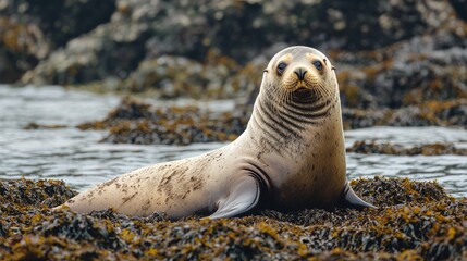 Steller sea lion resting on marine vegetation along the rocky shoreline during flood tide in a serene coastal environment