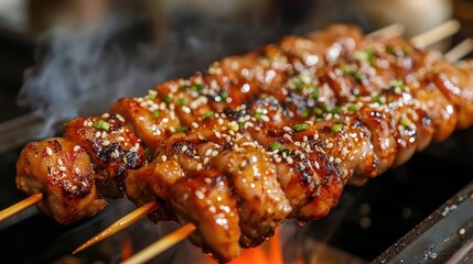 Grilled skewers with marinated meat and sesame seeds sizzling over an open flame in a vibrant culinary setting