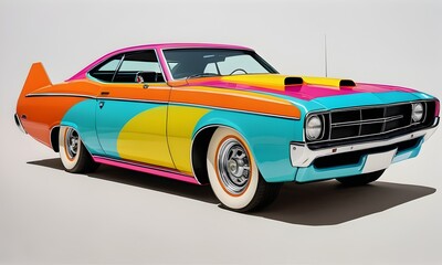 Colorful classic car in bold graphic style, AI illustration extra wide banner.