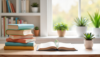 Stack of poetry books in cozy library setting, serene ambiance
