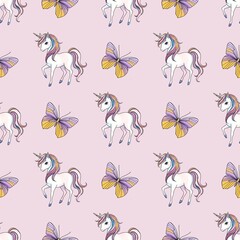 Unicorn with Lavender and Golden Butterfly Seamless Pattern Small Design on Pastel Pink Background
