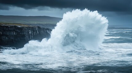 Fototapeta premium Dramatic Ocean Waves Crashing Against Rocky Shore Under Dark Stormy Clouds