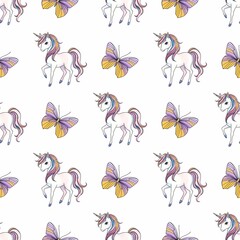 Unicorn with Lavender & Golden Butterfly Seamless Pattern Small Design on White Background
