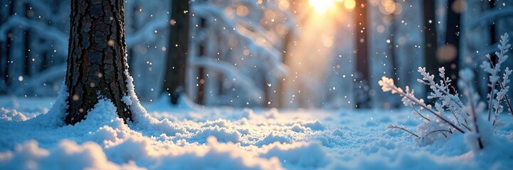Frosty snowflakes gently fall on the forest floor, trees, silence, winter