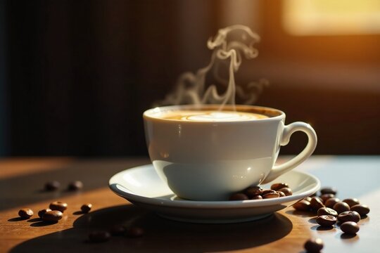 Fragrant coffee aromas waft upwards from a steaming cup, texture, steam, warmth