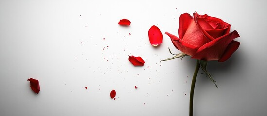 Elegant red rose with petals scattered on a soft white background symbolizing romance and beauty in nature and design.