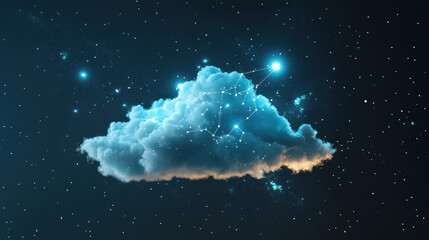 Celestial Cloud Computing: A mesmerizing illustration of a cloud in space, interconnected with glowing constellations, symbolizing the vastness and interconnectedness of cloud computing.  