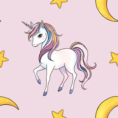 Unicorn with Moon and Star Seamless Pattern Big Design on Pastel Pink Background