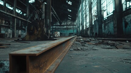Steel angle iron stored in an abandoned factory showcasing industrial decay and remnants of a once-bustling workspace