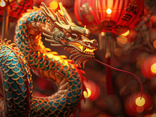 Obraz premium Chinese New Year snake crafts, detailed close-up of traditional Chinese decorations, intricate patterns, rich textures, warm golden lighting