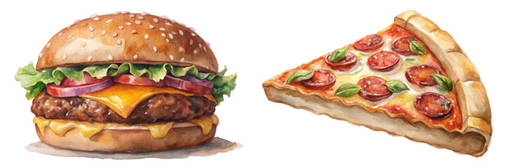 Watercolor burger illustration, delicious pizza slice, vibrant colors, food art, culinary design, appetizing visuals.