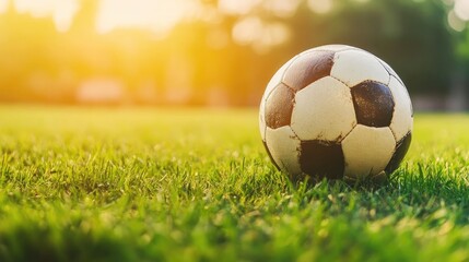 Fototapeta premium Soccer Ball on Lush Green Grass Under Soft Evening Light in Outdoor Sports Field Setting