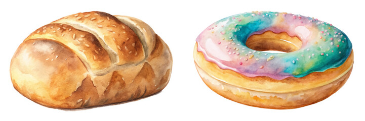 Watercolor bread loaf, colorful donut, bakery illustration, food art, delicious pastries, sweet treats, culinary design.