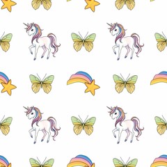 Unicorn with Pastel Yellow & Green Butterfly and Rainbow Star Seamless Pattern Small Design on White Background