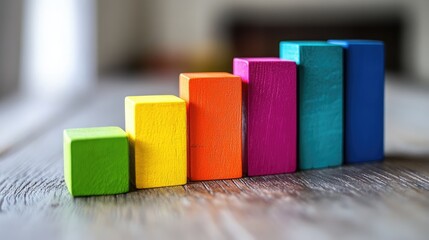 Colorful wooden blocks representing growth and performance metrics in product distribution analysis and tracking over time.