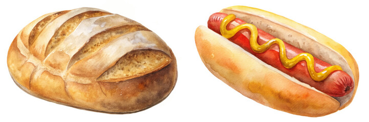 Watercolor bread loaf, hot dog bun, food illustration, culinary art, delicious snacks, fresh ingredients.