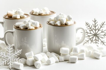 Hot cocoa bar setup with mugs, marshmallows, and snowflakes for a winter birthday against pure white background