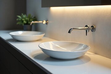 Fototapeta premium Chrome and porcelain sinks shine with reflected light, chrome, organized, tidy