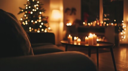 Sofa back view in minimalist living room adorned with warm Christmas lights and decorative tree creating a cozy festive ambiance