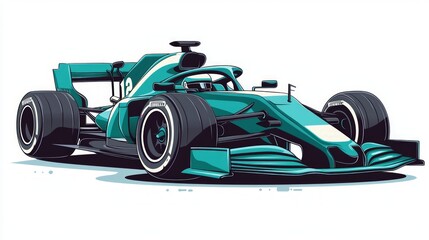 Teal and white Formula 1 race car illustration, angled view.