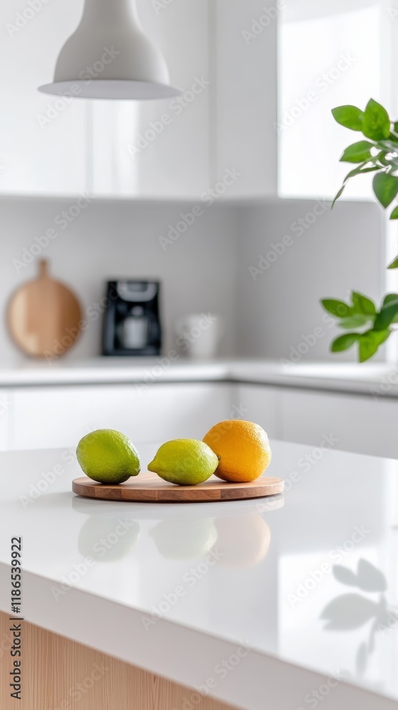Poster two limes and a lemon sit on a small wooden cutting board on a pristine white countertop in a bright