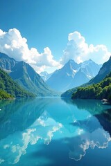 Ethereal clouds drift lazily above a serene mountain lake, abstract cloud formations, blue hues, gentle breeze