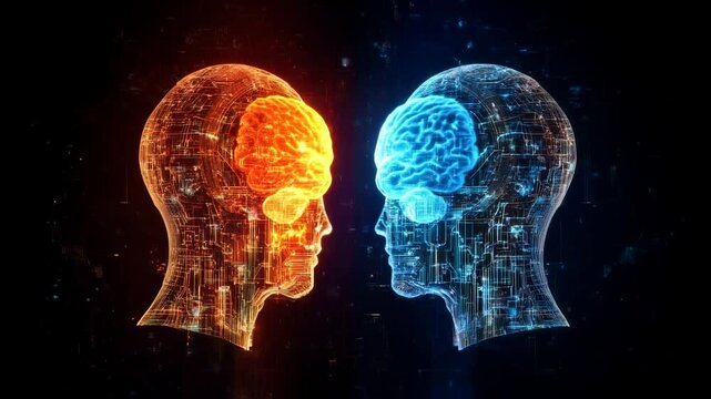 Digital Brainpower Two Heads Opposing Circuits Neural Network Concept

