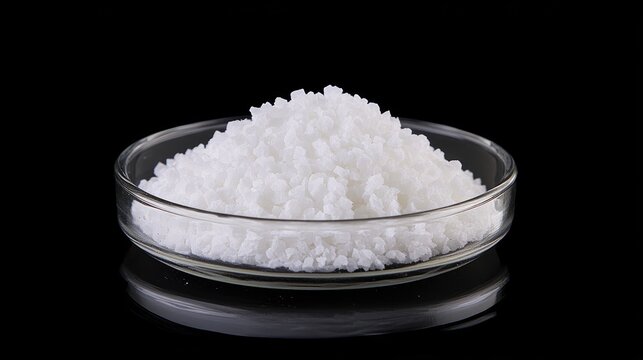 Sodium Hydroxide NaOH White Solid Powder in Glass Plate on Black Background